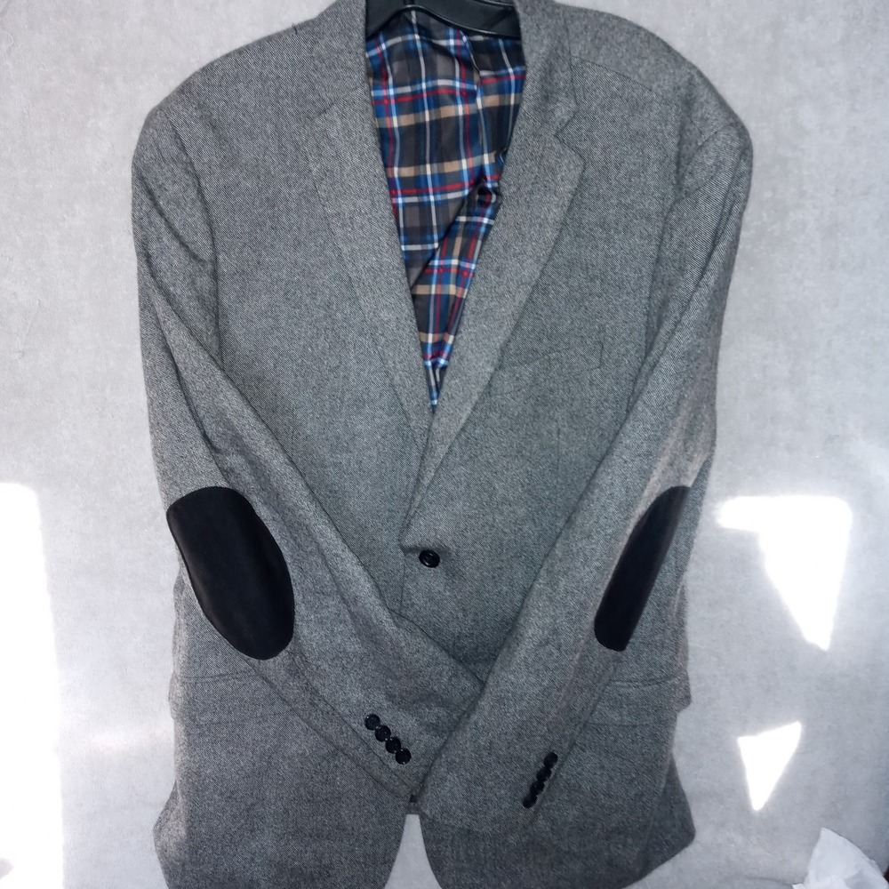 US Polo Assn Sport Coat 44L Gray Wool Blend Elbow Patches Tweed Blazer Jacket
